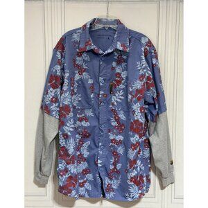 Benchmark FR Shirt Blue Floral Fire Resistant Aloha Friday Button Up Size L USA